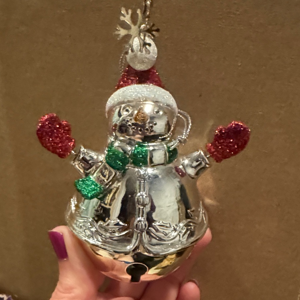 Festive jingle bell Snowman Ornament with Red and Green Accents